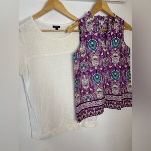 Talbots White Linen Sweater and Purple Patterned Blouse Set